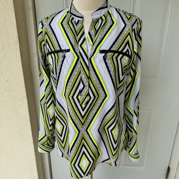 MICHAEL Michael Kors Tops - MICHAEL KORS- Neon Geometric, Black and Green Top. Roll up Sleeves. Size…